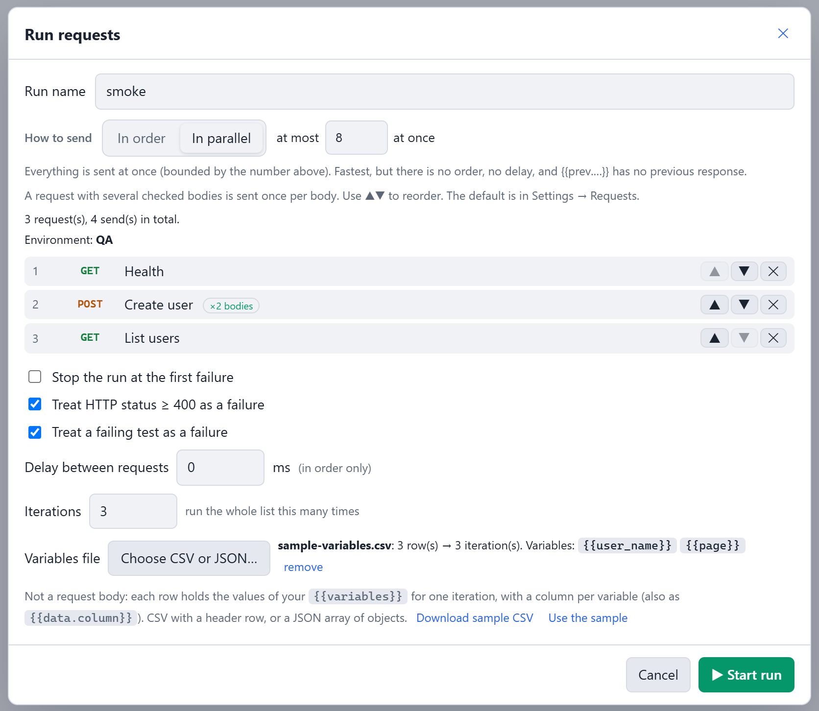 The Run requests dialog: How to send set to In parallel, at most 8 at once, three requests in order, and the variables file sample-variables.csv with three rows and the variables user_name and page.