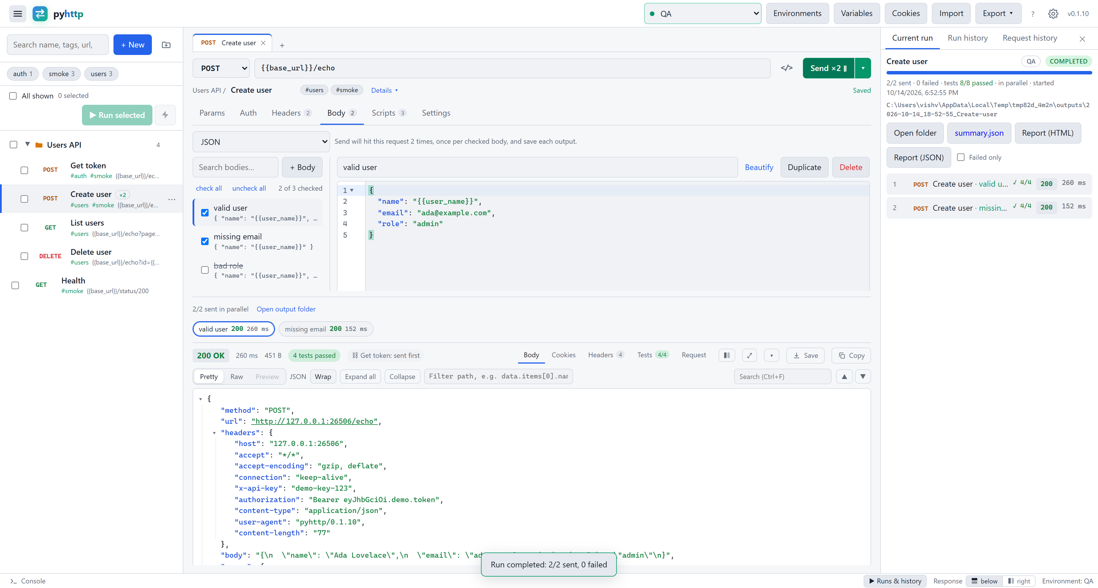 The pyhttp desktop app: a Users API folder in the sidebar, a POST request with the named bodies valid user and missing email sent in parallel, a chip per response, the Get token dependency sent first, and a completed run on the right with 8 of 8 tests passed.