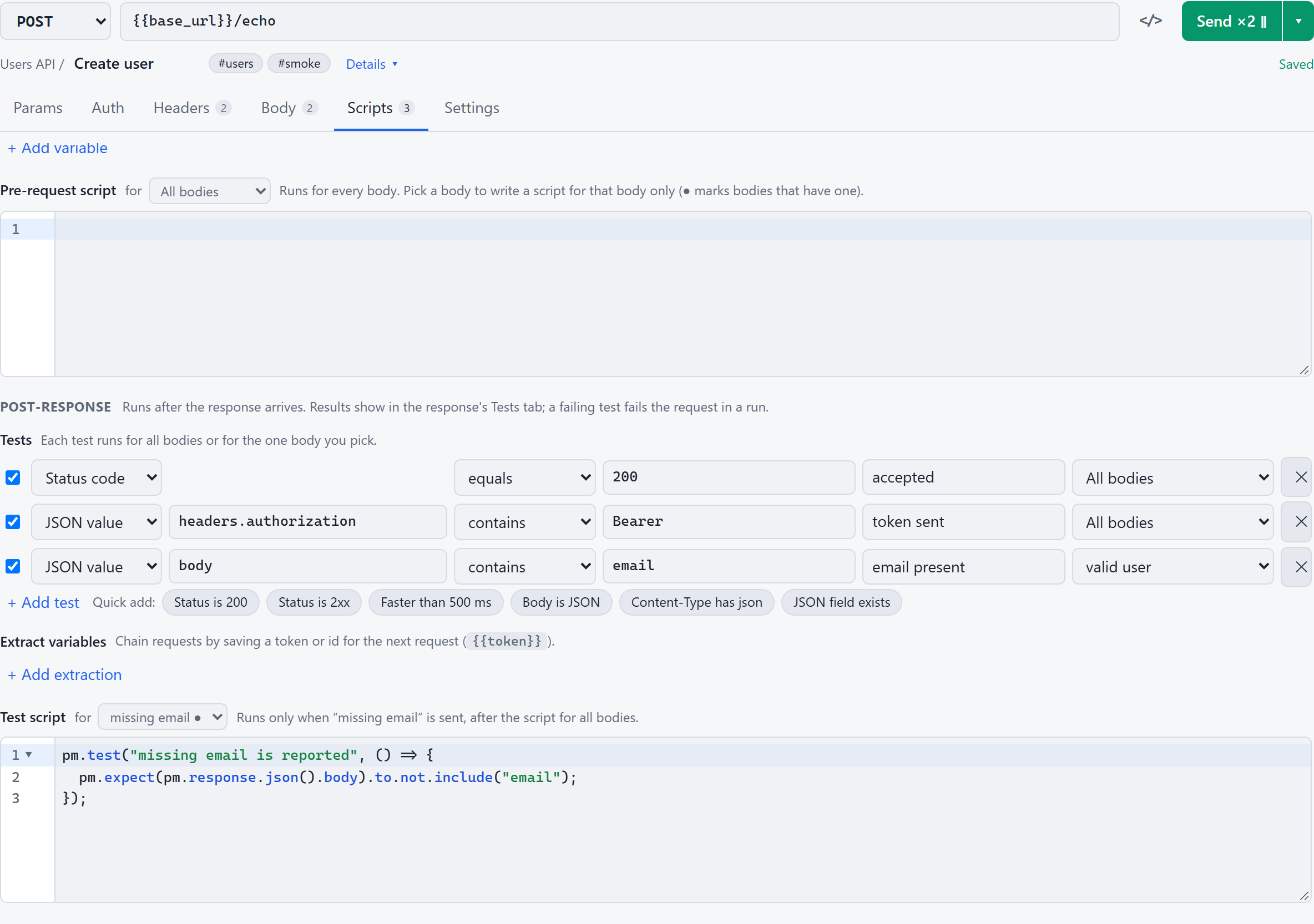The Scripts tab: four no-code tests, two of them scoped to the bodies valid user and missing email, the extract-variables row and a JavaScript test script using the pm API.